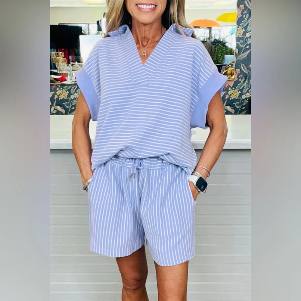 Liz- Striped Light Blue Short Sleeve Top and Shorts Set